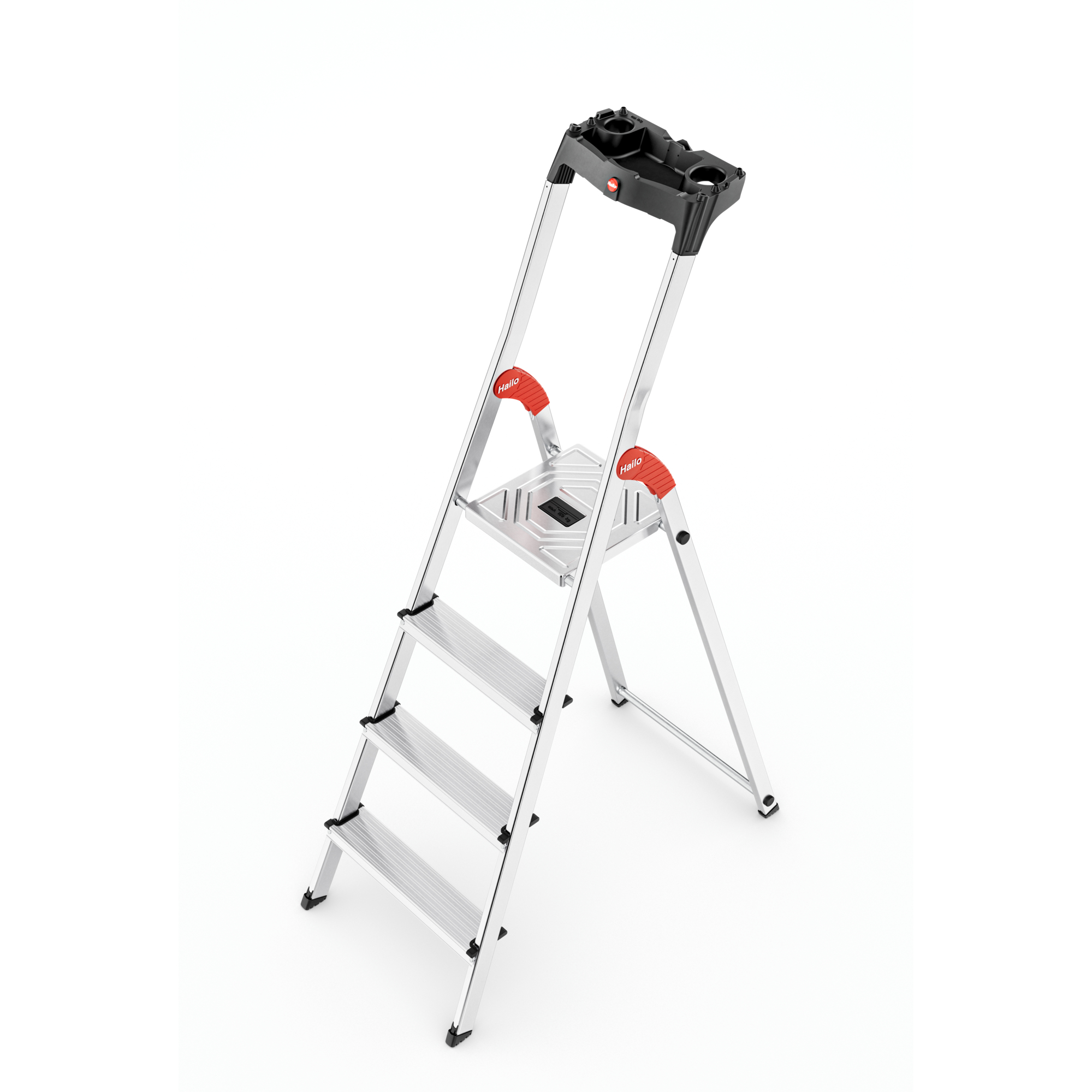 Hailo 4-Step Aluminum Step Ladder — Lightweight, Folds Flat, 330-Lb. Capacity, Built-In Toolbox and Knee Support, Model# 9204010008